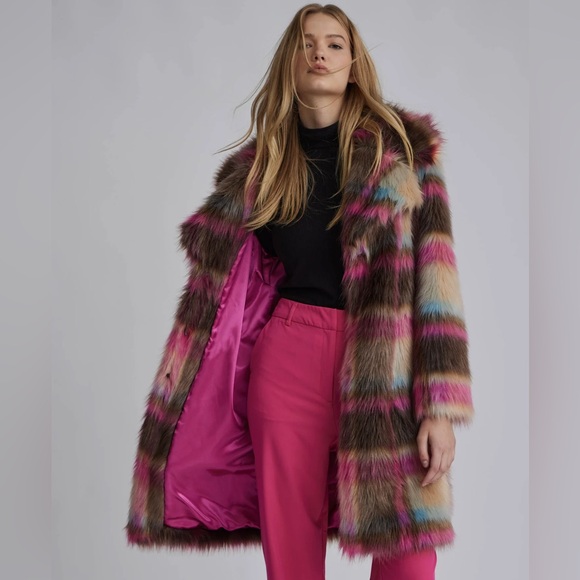 NVLT Jackets & Blazers - NVLT from Anthropologie Faux Fur Plaid Coat – Multicolor Pastel | Size M